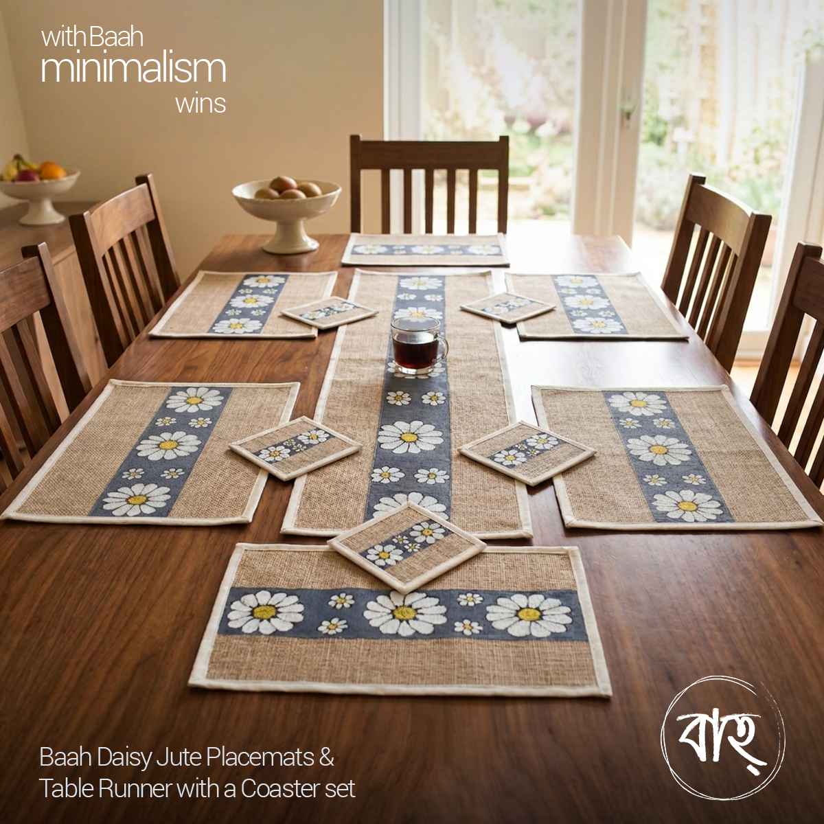 Baah Daisy Jute Placemats & Table Runner with a Coaster set